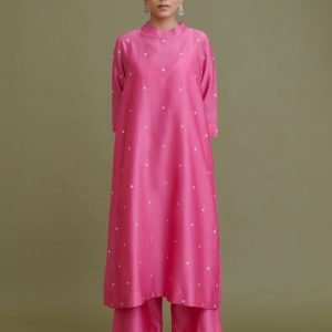 pink chanderi suit with faux mirror work