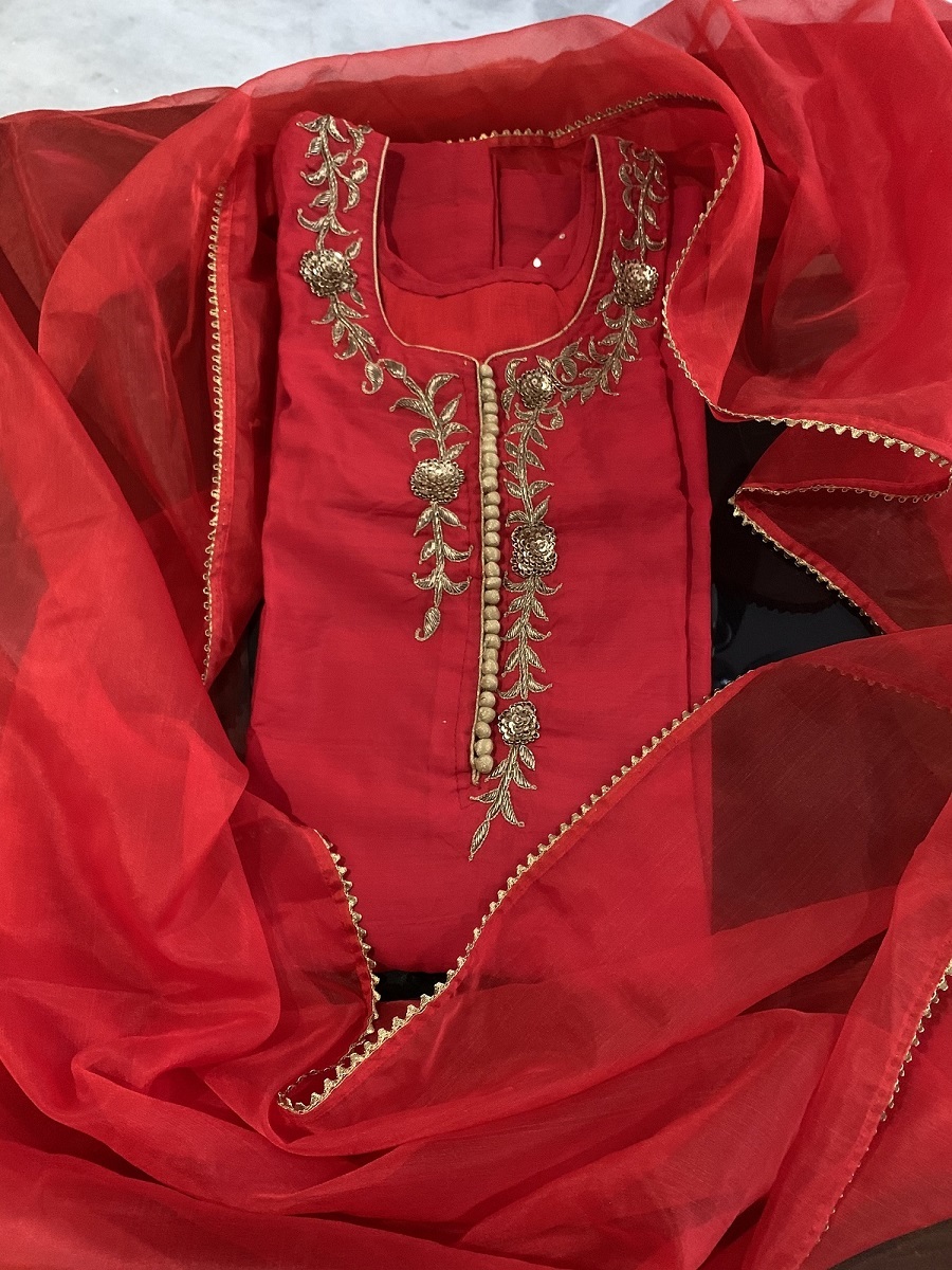 red chanderi suit material with zardozi work - Tailor Junction